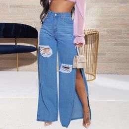 Women's Jeans Sexy Hole Women Stretch Split Wide Leg Denim Flare Long Pants Spring Autumn High Street 2024 Blue Ladies Fashion Club