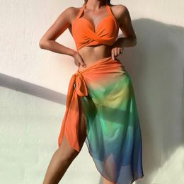 Women's Swimwear Women Gradient Split Bikini Skirt Cover Up Beach Suits Three Piece Swimming Beachwear Dress 2024 Tankinis Set