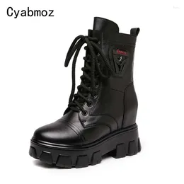 Boots Women Genuine Leather Sneakers British Motorcycle Height Increasing 8 Cm Booties Woman Wedges High Heels Shoes