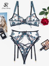 Bras Sets SINGREINY Erotic Embroidery Sheath Bra&Briefs Suits Female Garter Camis Lingerie Fashion Print Transparent Sexy Underwear