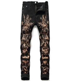 Unique Mens Skinny gold stamp Black Jeans Fashion Designer Doodle Slim Fit Moto Biker Hip Hop Denim Pants Streetwear Trousers 56498779093