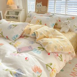 Cute Home Comforter Bedding Sets Washed Cotton Duvet Cover Flat Bed Sheet Set Twin Full Queen King Size Bed For Girls Couple 240521