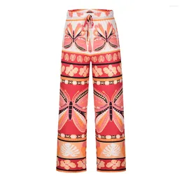 Women's Pants Summer Wide Leg Straight High Waist Slight Strech Floral Pattern Casual Beach Trousers For