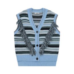 Baggy Tassels Striped Knitted Vest Harajuku Fashionable Casual Raw Edge Patchwork Sleeveless Knitwears Top Oversize Sweaters Y2k 240518