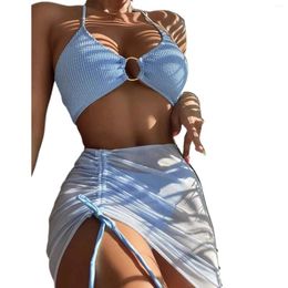 Women's Swimwear 3 Piece Bathing Suits Halter Ring Bikini Set With Cover Up Skirt Split Swimsuit Push