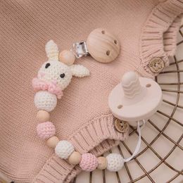 Pacifier Holders Clips# 1 piece of rabbit pacifier chain clip wooden crochet rabbit tooth chain baby tooth pacifier bracket baby pacifier clip d240521