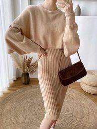 Work Dresses 2 Piece Sets Women Outfit 2024 Autumn/Winter Elegant O Neck Sweater Pullover Suits Fashionable Slim Fit Sling Dress