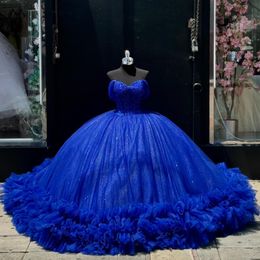 Royal Blue Shiny Quinceanera Dresses Ball Gown for Girls15 Off the Shoulder Beads Tull Tiered Sweet 16 Vestidos 15 De Fiesta