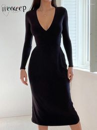 Casual Dresses Weekeep Black Slim Long Dress Autumn Full Sleeve Deep V Neck Bandage Elegant Party For Women Y2k Streetwear Sexy Outfits
