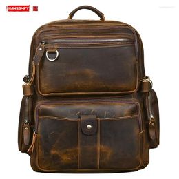 Backpack Genuine Leather Men's Wide Shoulder Strap 17" Laptop Bag Travel Backpacks Large Capacity Schoolbag Multi-pocket Cowhide