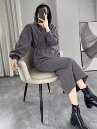 Casual Dresses Woman Clothing 2024 Spring Autumn Solid Long Dress LOOSE Half Open Collar Fashion Hooded Oversized Vintage