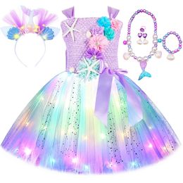 Princess Mermaid Dress for Girls LED Light Up Ocean Themed Birthday Party Tutu Dress Clothes Halloween Costume for Kids Vestidos 240521