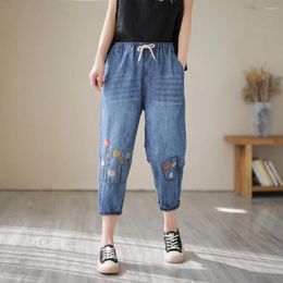 Women's Jeans 23Summer Women Office Lady Style Embroidery Washed Bleached Elastic Waist Drawstring Female Tide Denim Calf-Length Pants