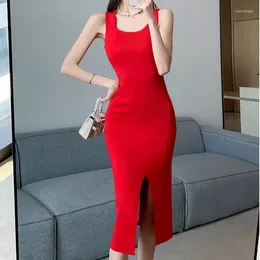 Casual Dresses Summer Fashion Red Knitted Vest Dress For Women Sleeveless Sweater Vintage Sexy Split Bodycon Vestidos 2024