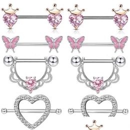 Nipple Rings 1 Piece Of Stainless Steel Crown Perforated Set Heart-Shaped Sexy Jewelry Crystal Body Drop Delivery Dhnza