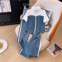 Women's Tracksuits 2024 Summer Stitched Zipper T-shirt Top Female Set Elegant Jeans Casual Blouse Two Piece Ladies Big