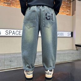 Boys Spring Autumn Patchwork Jeans Loose Breathable Printed Pocket Denim Trousers Teenagers Korean Casual All-Match Bottoms6--15