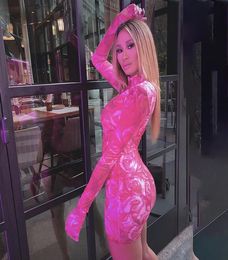 Print Sexy Women Mini Dresses with Gloves Long Sleeve Party Clubwear Pink Fashion Bodycon Dress 2020 Skinny Slim5448520