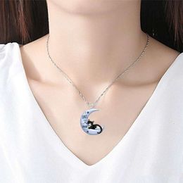 Exquisite Fashion Blue Moon Rubber Cute Crescent Pendant Black Cat Necklace