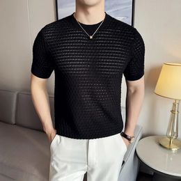 Men Tshirt Summer Thin Ice Silk Knitted Hollow Out Round Neck Short Sleeve Elastic Slim Fit Clothing Top 240518