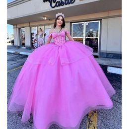 New Pink Quinceanera Dress Ball Gowns For Sweet 16 Girl Off The Shoulder Rhinestone Bow Birthday Party Gown Vestidos De Fiesta 0521