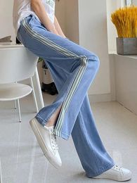 Women's Jeans Harajuku Striped Slit Wide Leg Denim Pants Women Summer Thin High Waist Baggy Fashion Lace Up Female Casual Trousers