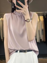 Womens Tees Sleeveless Lace Standing Collar Pullover Spring Summer Fashion Elegant TShirts Silky Smoothness Coolness Thin Tops 240514