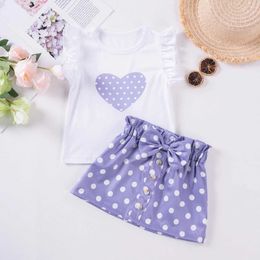 Clothing Sets Summer Kids Girls Heart Pattern Short-sleeved Clothes Cute Bow Polka Dot Print Dress 2 Sweet Girl Outfits Y240520Y4CK