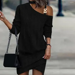 Casual Dresses Women Fall Dress Chic One Shoulder Mini Women's Fall/winter Loose Chain Decor Long Sleeve Solid Colour Pullover Above Knee