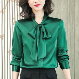 Women's Blouses Real Silk Satin Shirt Elegant Bow Loose Tops Long Sleeve Woman Blouse Office Lady Work Shirts Spring Summer