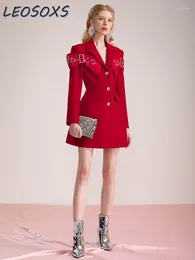 Casual Dresses Fall 2024 Suit Dress Women's OL Commuter Elegant Rhinestone Bow Simple Slim Waist Fitted Red Office Ladies Vestido