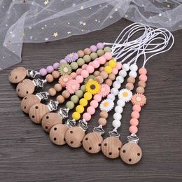 Pacifier Holders Clips# Baby beech wood pacifier clip silicone flower beads baby pacifier holder care toy shower gift d240521