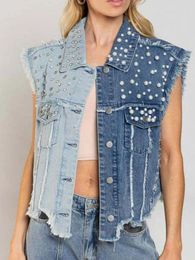 Women's Vests Denim Vest 2024 Patchwork Beaded Loose Fitting Short Shirt Sleeveless Cardigan Women Jeans