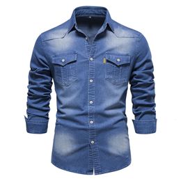 Designer Denim shirt Mens casual solid color Black navy blue Slim men long sleeve shirt Spring autumn summer streetwear S-3XL 90e