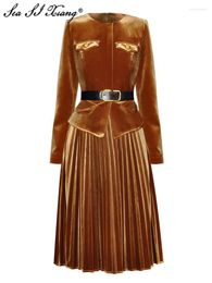 Casual Dresses Seasixiang Fashion Designer Autumn Velvet Dress Women O-Neck Long Sleeve Belt Solid Colour Vintage Pleated Desses