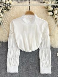 Women's Blouses SINGREINY Patchwork White Lace Shirt Women Elegant Turtleneck Long Sleeve Ruched Fashion Office Lady Summer Casual Blouse