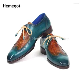 Casual Shoes Blue Brown Mixed Color For Men Genuine Leather Pointed Toe Lace Up Daily Dress Party Vintage Fashion Men's Loafers