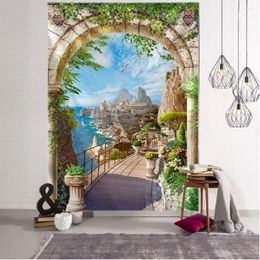 Tapestries Corridor Scenery Wall Hanging Landscape Tapestry Sea Beach Cloth Mat Flower Blanket Home Dormitory Decoration