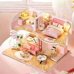Blocks 3D wooden mini doll house prefabricated building with furniture kit DIY handmade double-sided apartment making toys childrens birthday gift H240521