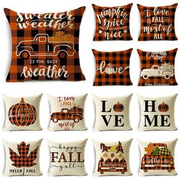 Pillow Fall Leaves Welcome Autumn Black Orange Check Pillowcase Linen Square Home Sofa Decor Cover 40cm/45cm And 50cm
