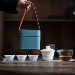 Teaware Sets Sheep Fat Jade Porcelain Tea Cups And Teapot Set 1 Pot 4 Portable Leather Bag Travel