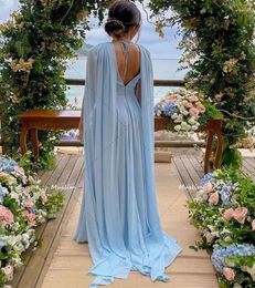 Party Dresses Elegant Blue Dubai Evening Dress With Cape Sleeves Sexy A Line Chiffon Arabic Israel Prom 2024 Backless Formal Women