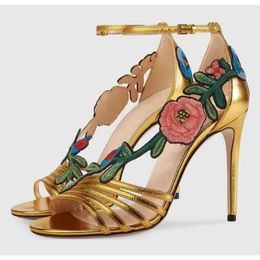 Brand Design Top Women Fashion Open Toe Flowers Decorated Stiletto Gold Black Ankle Strap High Heel Sandals Dr f1d