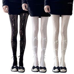 Women Socks Q1FA Floral Patterned Mesh Tights Hollow Fishnet Bowknot Lace Pantyhose