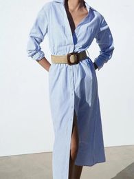 Casual Dresses 2024 Women With Belt Blue Striped Long Shirt Dress Vintage Pockets Single-Breasted Ladies