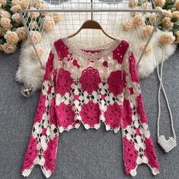 Women's Sweaters Women Crochet Knit Hollow Out Crop Top Long Flared Sleeve Shrug Sweater Mesh Cover Ups Streetwear Pullover Floral Tops