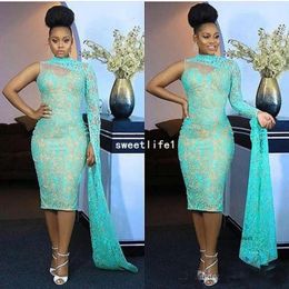 New One Shoulder Nigeria Evening High Neck Lace Tea Length Mermaid Formal Prom Dresses Aso Ebi Style Party Gown 0521