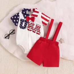 Clothing Sets Toddler Baby Boy Gentleman Outfits Star Print Lapel Neck Short Sleeve Romper Suspender Shorts Infant Independence Day Set