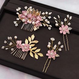 Hair Clips Cute Pink Blue Purple Flower Wedding Comb Hairpin Crystal Pearl Bride Headpiece For Women Girls Accessories