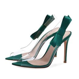 Women New Design Fashion Open Pointed Toe PVC Stiletto Cut-out Transparent Bowtie High Heel Sand c39